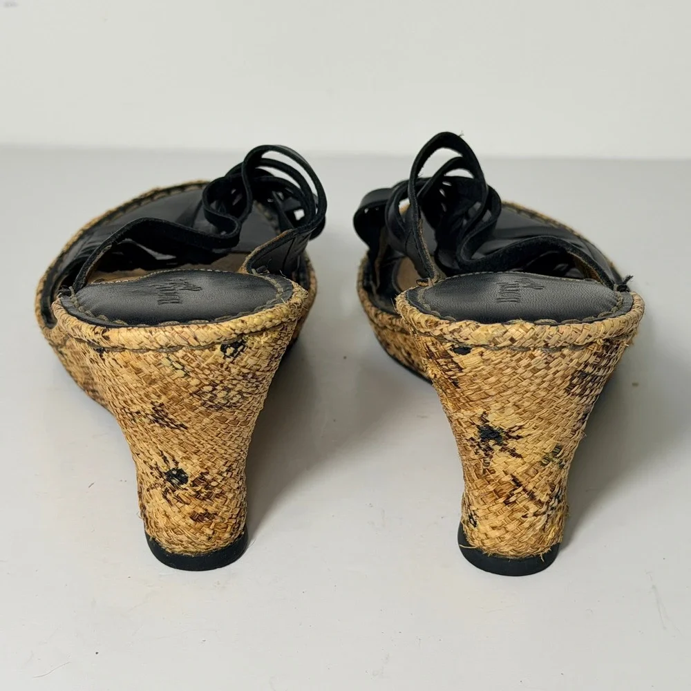 Born Drilles Woven Wedge Sandals Womens Size 9 Black Leather Raffia Boho‎